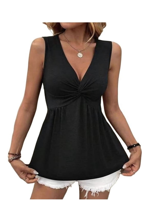 Women'S Tank Top Twist Front V Neck Sleeveless Peplum Summer Tops Black M