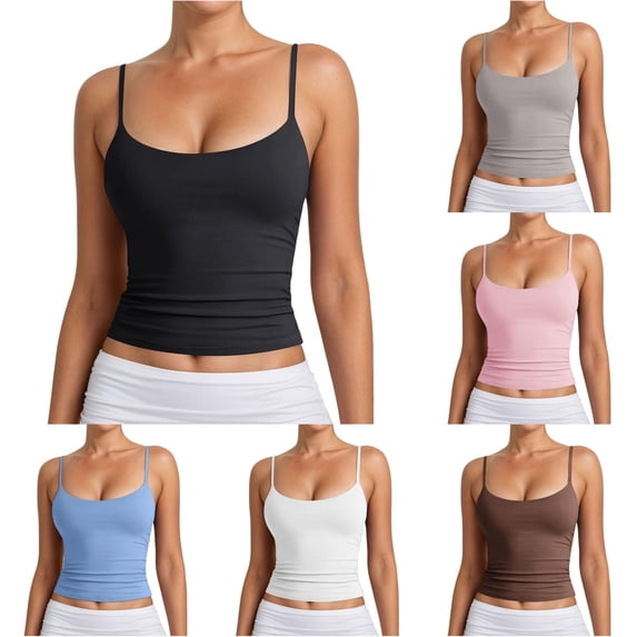 Women'S Tank Tops With Built In Bra Workout Camisole Ribbed Basic Summer Slim Fit Tops Crew Neck Spaghetti Strap Solid Color Clothes Casual Comfort Holiday Everyday Wear,Black,L