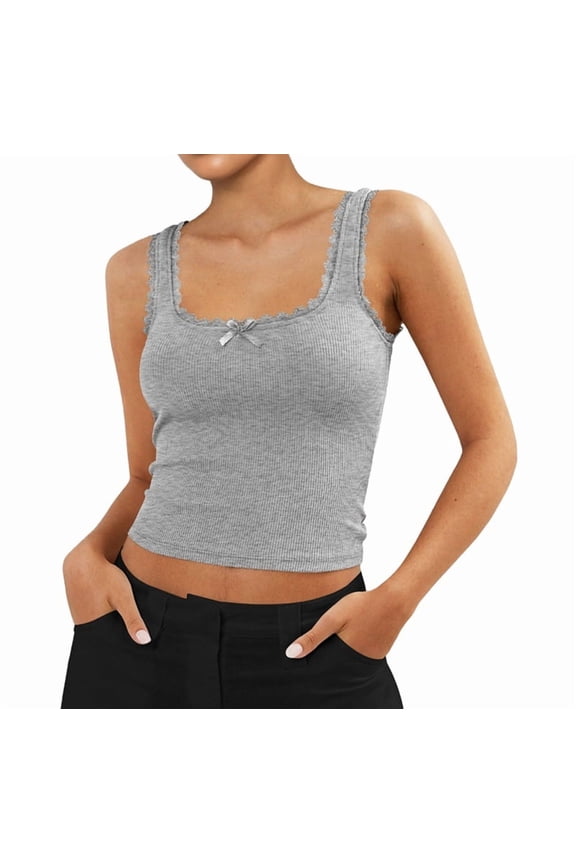 Women'S Tank Tops Cute Slim Fitted Ribbed Knit Lace Camisole Top Summer Square Neck Sleeveless Going Flower Ash M