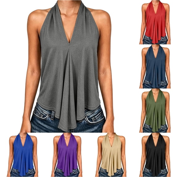 Women'S Tank Tops Flowy Backless Elegant Draped Front Basic Summer Loose Fit Tops Halter Neck Sleeveless Solid Color Clothes Casual Classic Club Everyday Wear,Grey,XL