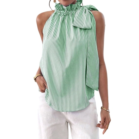 Women'S Tank Tops High Necked Ruffle Striped Tie Sleeveless Blouse Top Light Green M