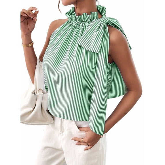 Women'S Tank Tops High Necked Ruffle Striped Tie Sleeveless Blouse Top Light Green XXL