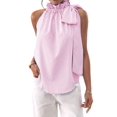 thumbnail image 1 of Women'S Tank Tops High Necked Ruffle Striped Tie Sleeveless Blouse Top Pink S, 1 of 9