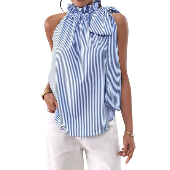 Women'S Tank Tops High Necked Ruffle Striped Tie Sleeveless Blouse Top XL