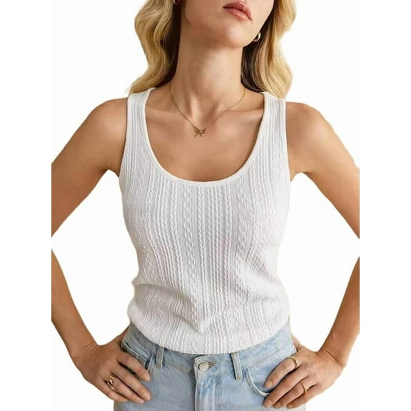 Women'S Tank Tops Knit U Neck Sleeveless Shirts Summer Casual Basic Tanks White XS