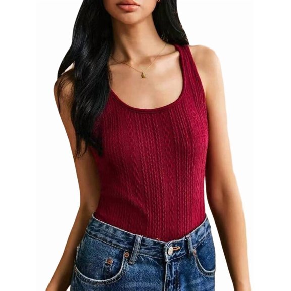Women'S Tank Tops Knit U Neck Sleeveless Shirts Summer Casual Basic Tanks Wine Red L