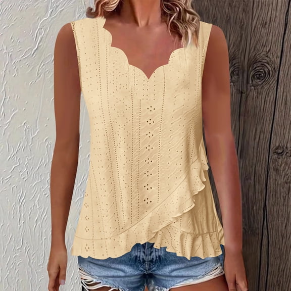 Women'S Tank Tops Loose Fit Undershirt Splicing V-Neck Hem Ruffle Laces Casual Loose Sleevelesss Fitted Tank Tops — Yellow∣L