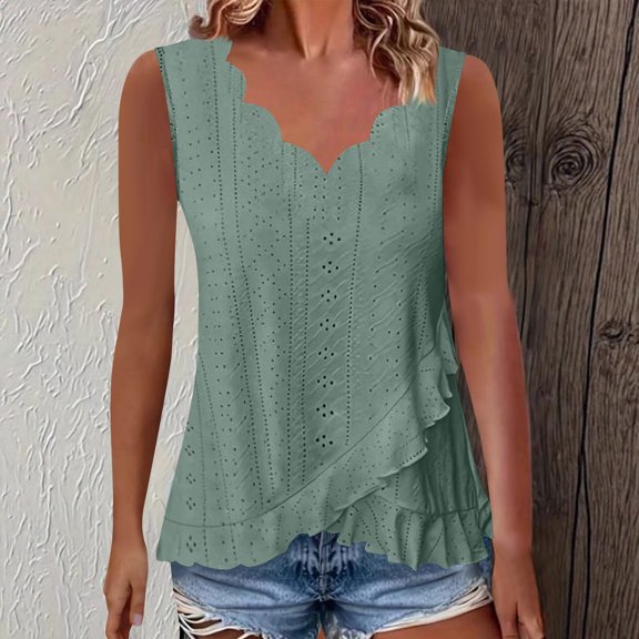 Women'S Tank Tops Loose Fit Undershirt Splicing V-Neck Hem Ruffle Laces Casual Loose Sleevelesss Workout Tank Tops — Green∣XL