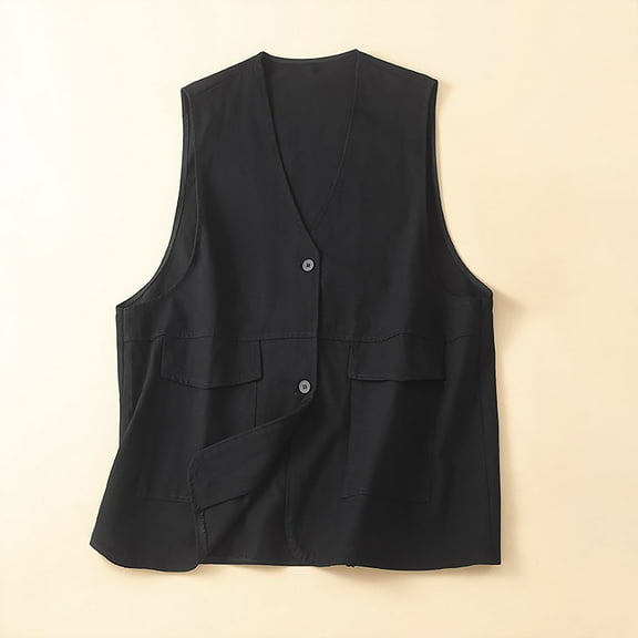 Women'S Tank Tops Loose Fit Undershirt V-neck Cuffless Pocket Button Solid Color Casual Loose Fitted Tank Tops — Black∣2XL