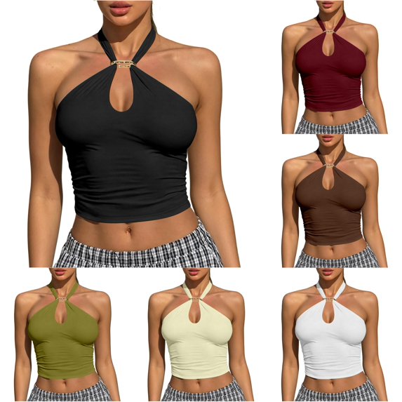 Women'S Tank Tops Party Camisole Backless Slim Fit Summer Tops Halter Neck Sleeveless Solid Color Clothes Casual Trendy Club Everyday Wear,Black,M