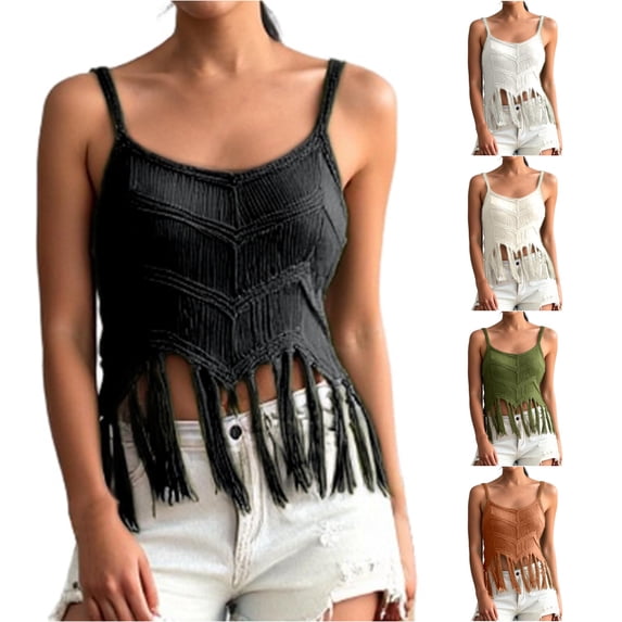 Women'S Tank Tops Summer Camisole Beach Knit Tassels Loose Fit Tops Crew Neck Spaghetti Solid Color Clothes Casual Comfort Party Everyday Wear,Black,XL
