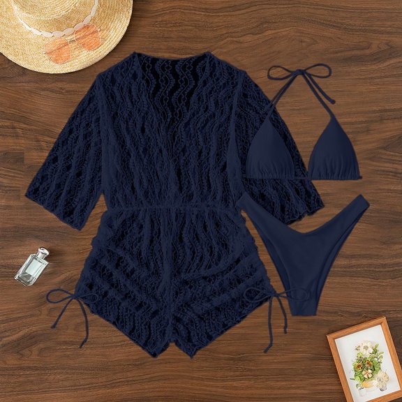 Women'S Tankini Swimsuits Mesh Three Piece Sexy Backless Two Piece Bikini Navy Womens One Piece Swimsuits