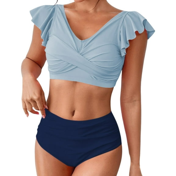 Women'S Tankini Swimsuits Swimsuit Two Piece Swimsuit High Waist Ruffled Strap Set Blue Womens One Piece Swimsuits