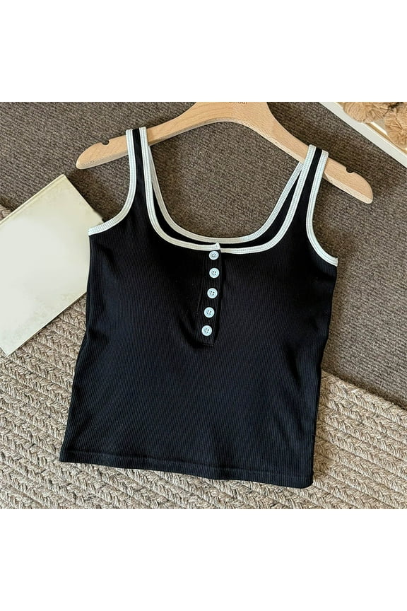 Women'S Tanks & Camis Lightweight Button Down Solid Sleeveless Scoop Neck Thin Strap Top Women'S Tank Tops Black One Size