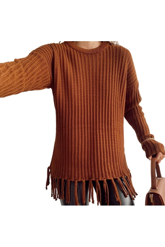 Women'S Tassel Fringe Sweater Long Sleeve Crew Neck Pullover Fall Knitted Tops Brown L
