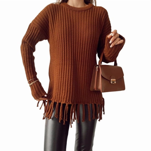 Women'S Tassel Fringe Sweater Long Sleeve Crew Neck Pullover Fall Knitted Tops Brown S