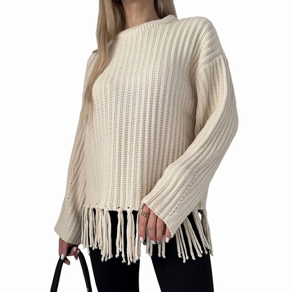 Women'S Tassel Fringe Sweater Long Sleeve Crew Neck Pullover Fall Knitted Tops Color M