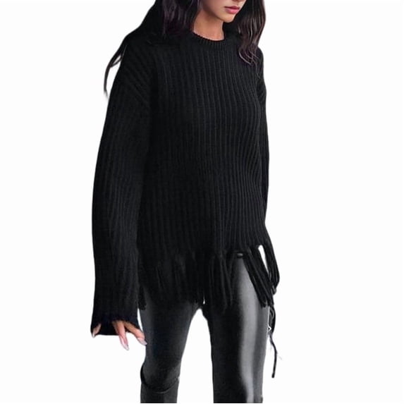 Women'S Tassel Fringe Sweater Long Sleeve Crew Neck Pullover Fall Knitted Tops