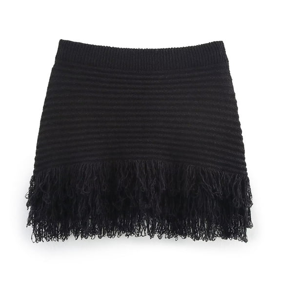 Women'S Tassel Hollow Knit Short Skirt Black L