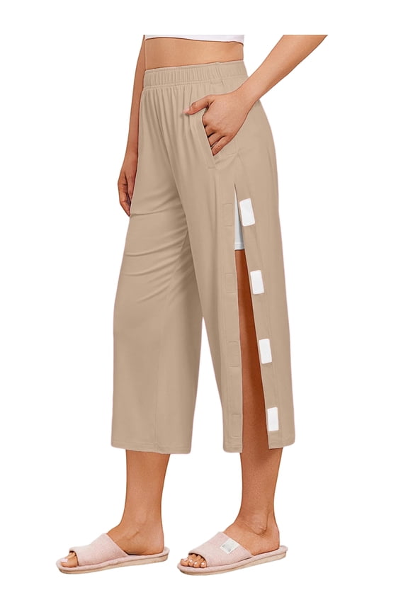 Women'S Tear Away Breakaway Cropped Pants Hip Knee Ankle Replacement Adaptive Magic Tape Wide Leg Khaki XL