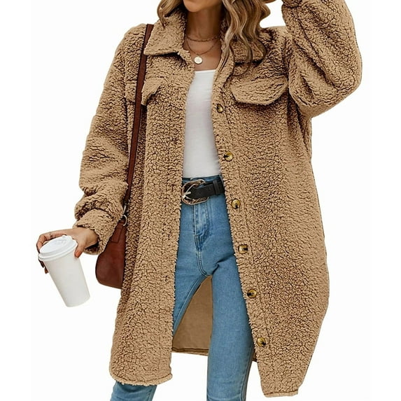 Women'S Teddy Fleece Coat-Plush Oversized Long Cardigan, Cozy Winter Fuzzy Outwear for Casual Style Brown L