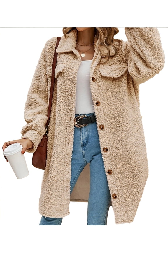 Women'S Teddy Fleece Coat-Plush Oversized Long Cardigan, Cozy Winter Fuzzy Outwear for Casual Style Khaki S