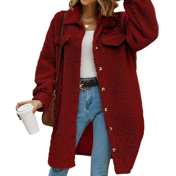 Women'S Teddy Fleece Coat-Plush Oversized Long Cardigan, Cozy Winter Fuzzy Outwear for Casual Style Wine Red L