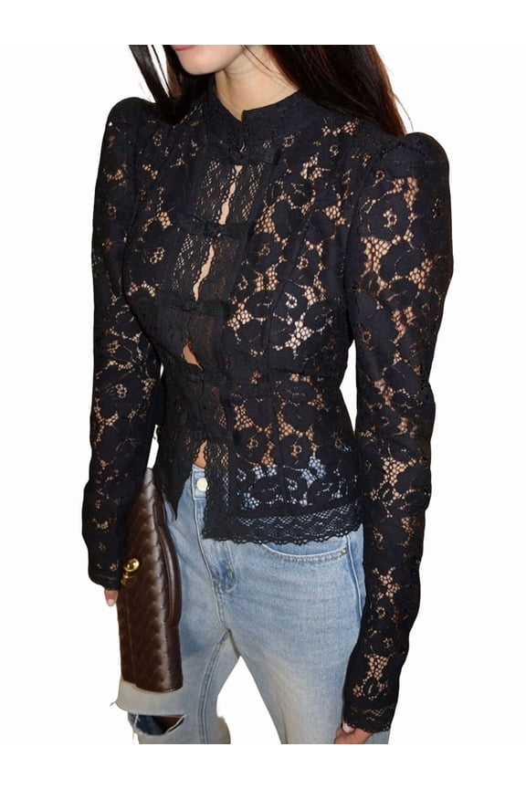 Women'S Temperament Commuter Lace Crochet Stand Collar Slim Design Shirt Long Sleeve Button Shirt Tops Black S