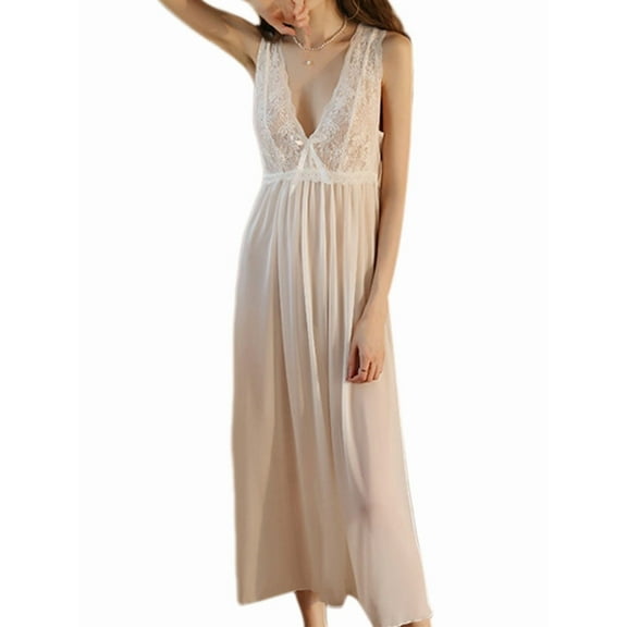 Women'S Temperament Elegant V-Neck Sleeveless Mesh Lace Lace Wide Suspender Long Skirt Nightdress White S