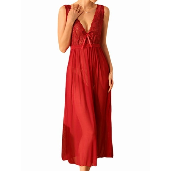 Women'S Temperament Elegant V-Neck Sleeveless Mesh Lace Lace Wide Suspender Long Skirt Nightdress Wine Red M