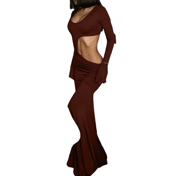 Women'S Temperament Fashion Hollow Slim U-Neck Long Sleeve Dress Autumn Cocktail Dress Dark Brown L