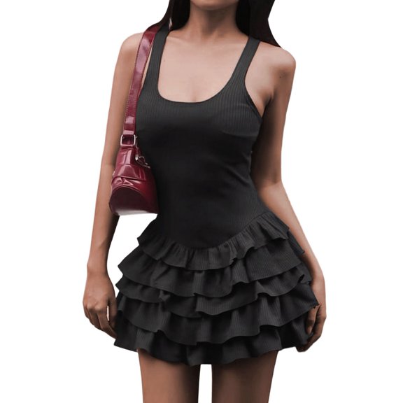 Women'S Tennis Flowy Pleated Ruffle Halter Neck Sleeveless Dress Black XS