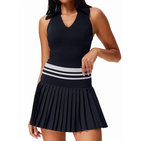 Women'S Tennis Skirt Ribbed Golf Skirt Half Zip Pleated Sports Skirt with Built-in Shorts and Bra Black L