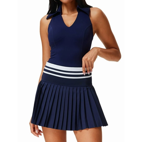 Women'S Tennis Skirt Ribbed Golf Skirt Half Zip Pleated Sports Skirt with Built-in Shorts and Bra Dark Blue S