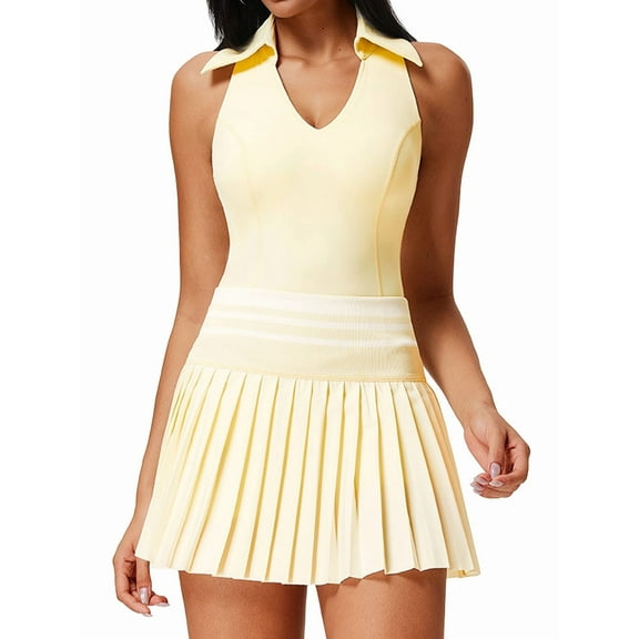 Women'S Tennis Skirt Ribbed Golf Skirt Half Zip Pleated Sports Skirt with Built-in Shorts and Bra Yellow XL