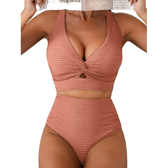 Women'S Textured Bikini Sets Twist Front Top Swimsuits High Waisted Bathing Suits Pink XL