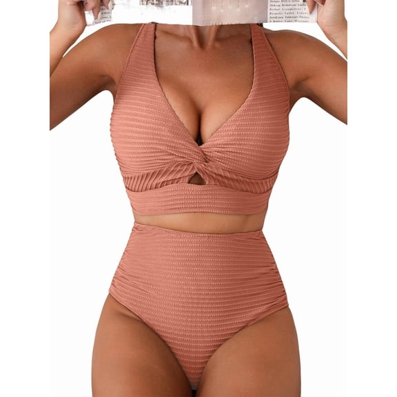 Women'S Textured Bikini Sets Twist Front Top Swimsuits High Waisted Bathing Suits Pink XL