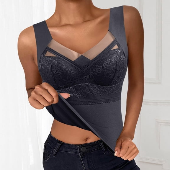 Women'S Thermal Tank Tops Built In Bra Warm Underwear High Stretch Sleeveless Camisoles Comfy Soft Base Layer Vest,Tummy Control V-Neck Shapewear Camisoles with Built In Bra Body Shaper Padded Tanks