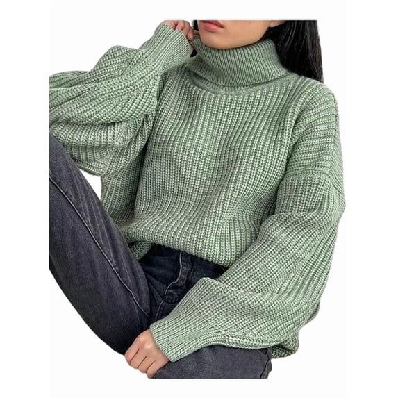 Women'S Thick Sweater, Warm and Loose, Basic Knitted Pullover for the Office Grass Green M