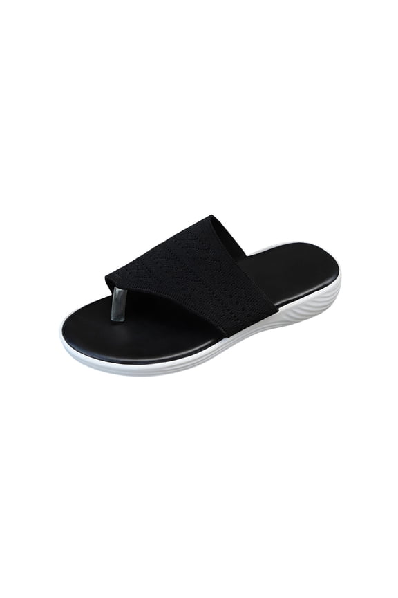 Women'S Thong Slide Sandals With Breathable Knit Upper Open Toe Round Toe Size 6 Us Dark Color Casual Spring Summer Shoes Black
