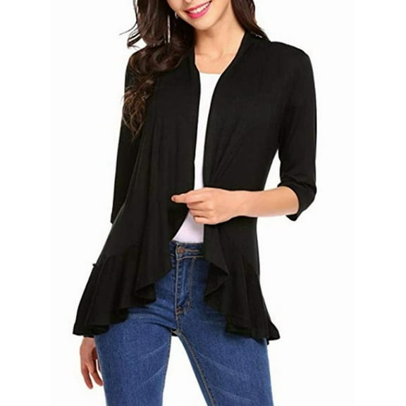 Women'S Three-Quarter Sleeve Casual Cardigan, Fashionable Front Open Cardigan Black M