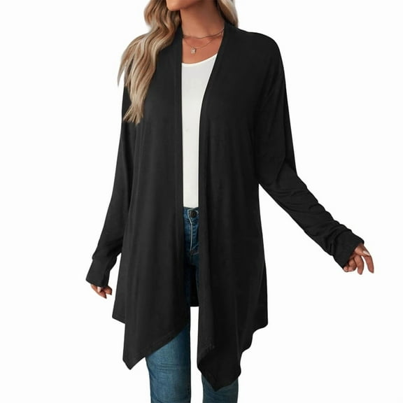 Women'S Three-Quarter Sleeve Casual Open-Front Jacket, Fashionable Front-Opening Light Coat Black XL