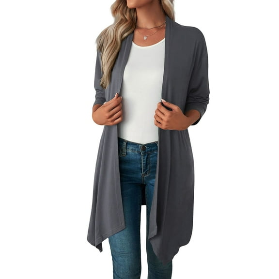 Women'S Three-Quarter Sleeve Casual Open-Front Jacket, Fashionable Front-Opening Light Coat Dark Gray XL