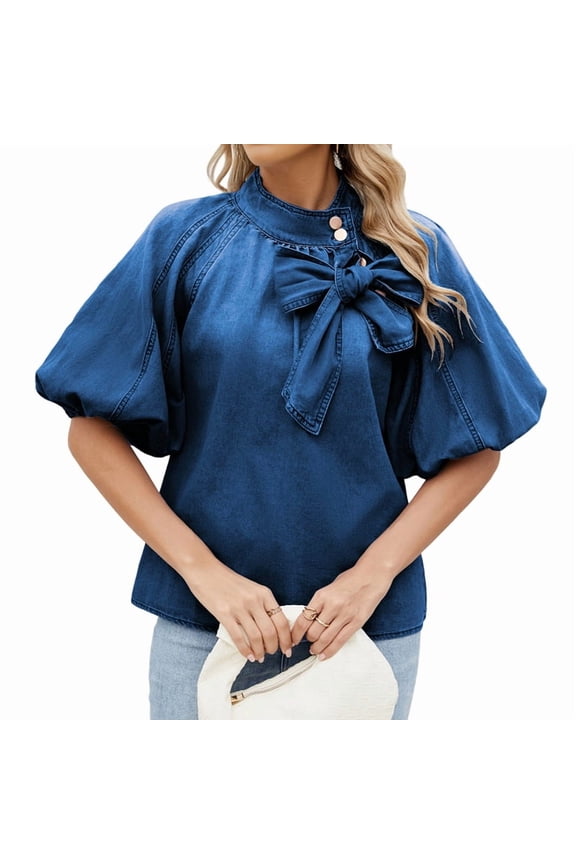Women'S Tie Button Up Mock Neck Jean Shirt Fashion Elastic Puff Sleeves Loose Fit Cropped Denim Tops Dark Blue L