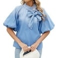 thumbnail image 1 of Women'S Tie Button Up Mock Neck Jean Shirt Fashion Elastic Puff Sleeves Loose Fit Cropped Denim Tops Light Blue M, 1 of 9
