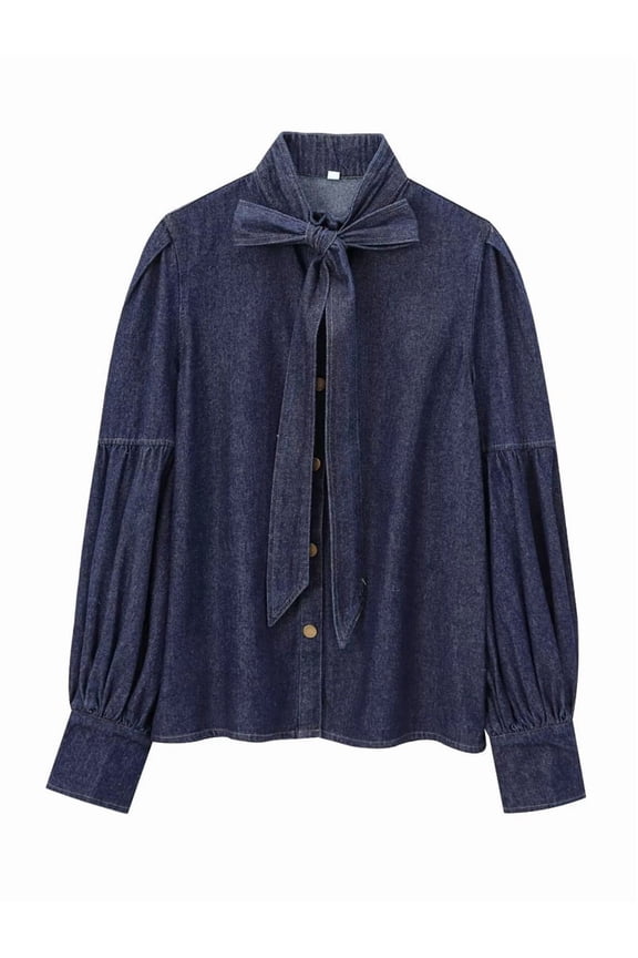 Women'S Tie Design Denim Button High Neck Jacket with Elastic and Puff Sleeves Navy Blue L