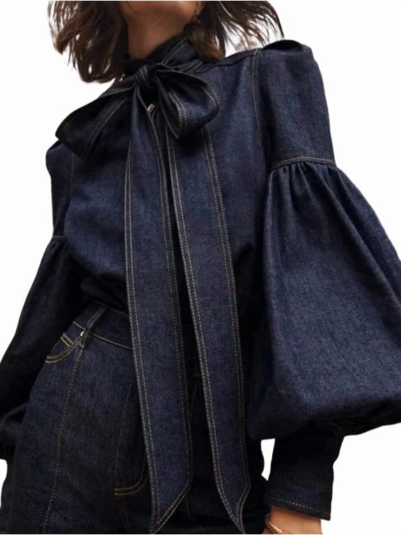 Women'S Tie Design Denim Button High Neck Jacket with Elastic and Puff Sleeves Navy Blue S