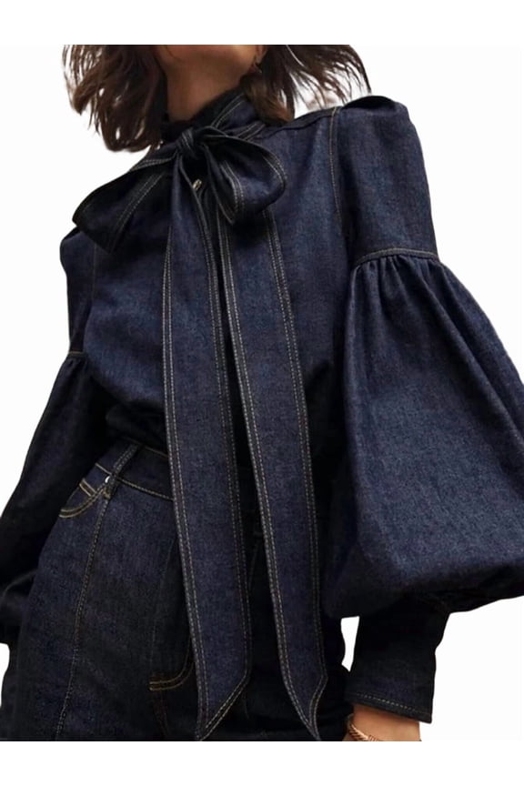 Women'S Tie Design Denim Button High Neck Jacket with Elastic and Puff Sleeves Navy Blue S