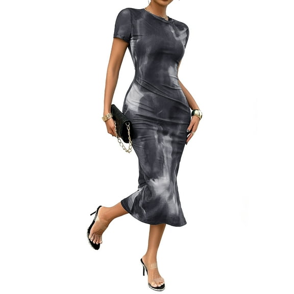 Women'S Tie Dye Crew Neck Hem Bodycon Short Sleves Dress Long Dresses Black M