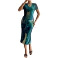 thumbnail image 1 of Women'S Tie Dye Crew Neck Hem Bodycon Short Sleves Dress Long Dresses Green S, 1 of 6
